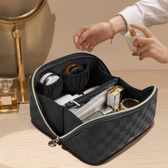 Prite plaid black makeup bag with clear divider shows brushes neatly separated