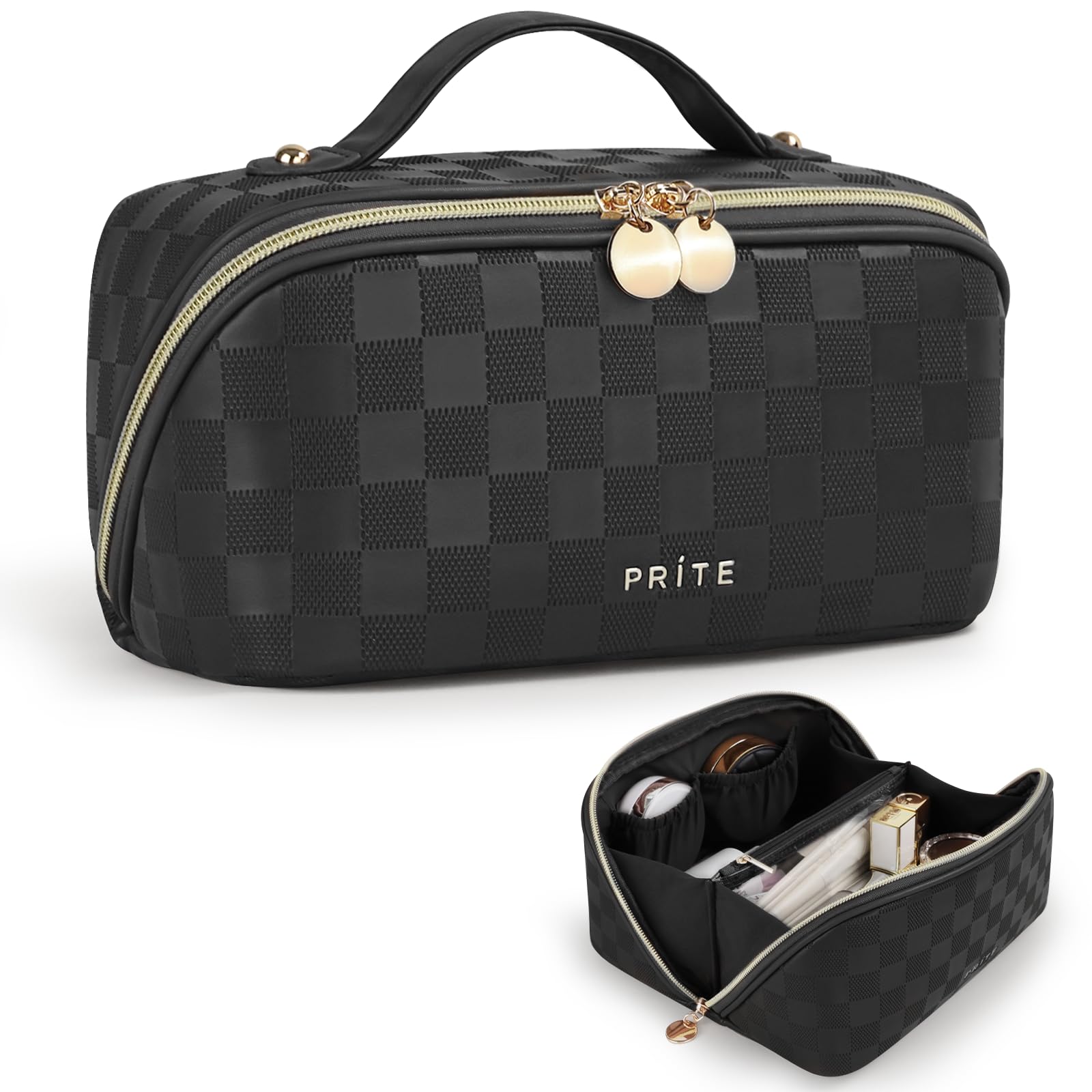 Prite makeup bag plaid black open-flat view keeps cosmetics visible and accessible