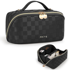 Prite makeup bag plaid black open-flat view keeps cosmetics visible and accessible