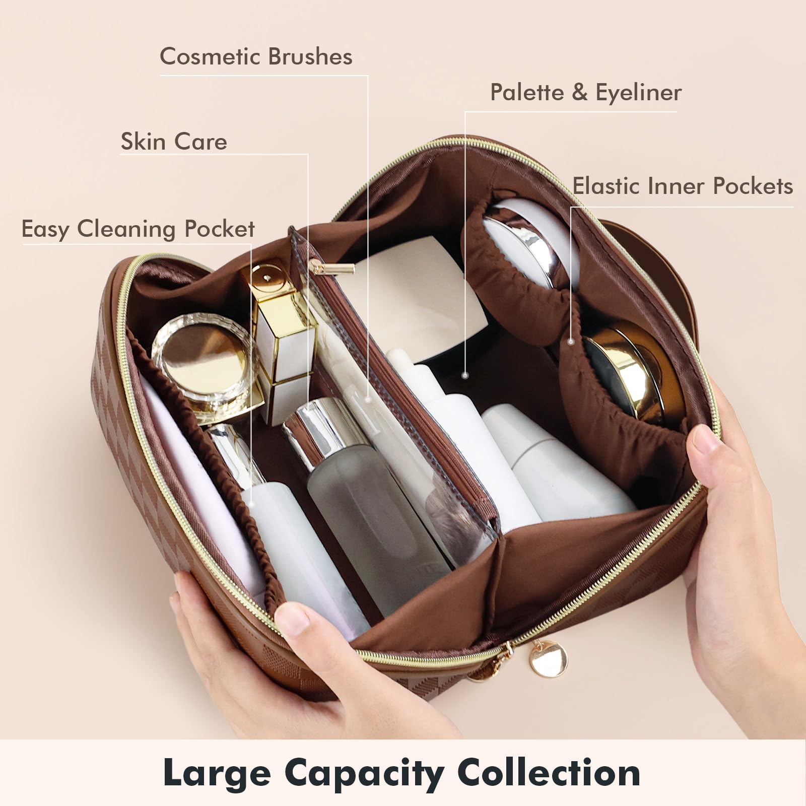 Prite makeup bag plaid brown clear-divider showing brushes without mess.