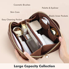Prite makeup bag plaid brown clear-divider showing brushes without mess.