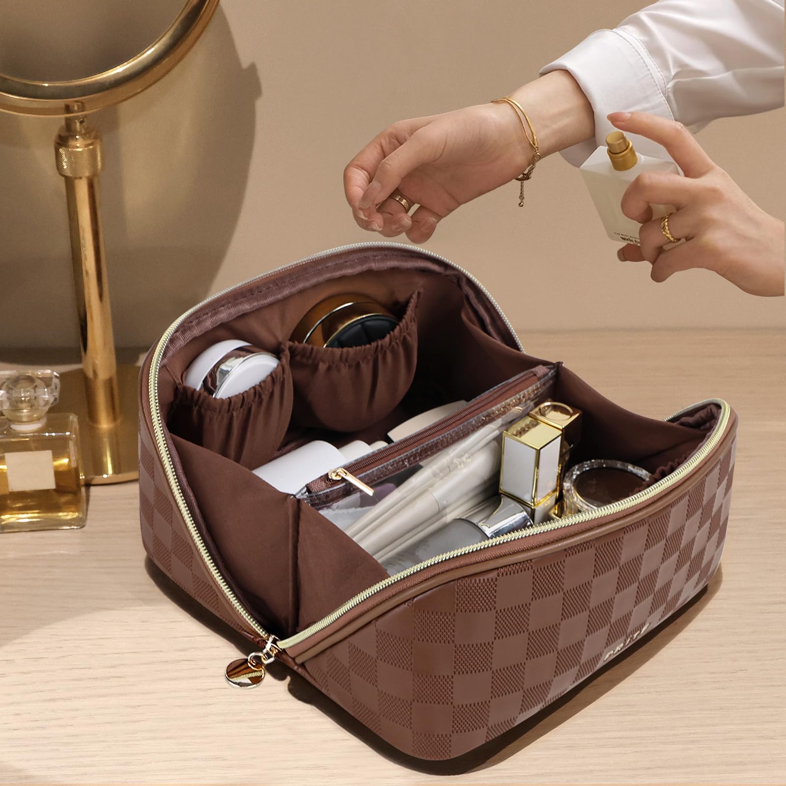 Prite makeup bag plaid brown compact yet spacious on counters.