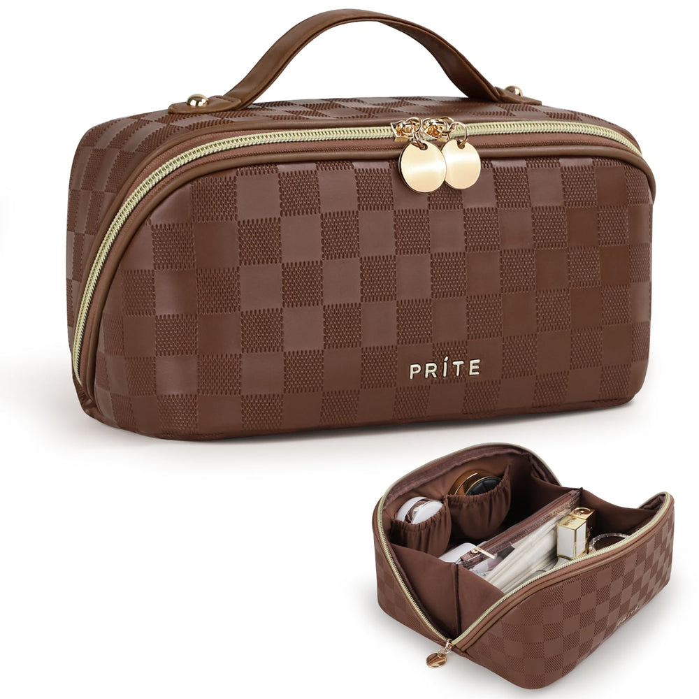 Prite makeup bag plaid brown open-flat view for easy access.