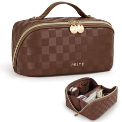 Prite makeup bag plaid brown open-flat view for easy access.