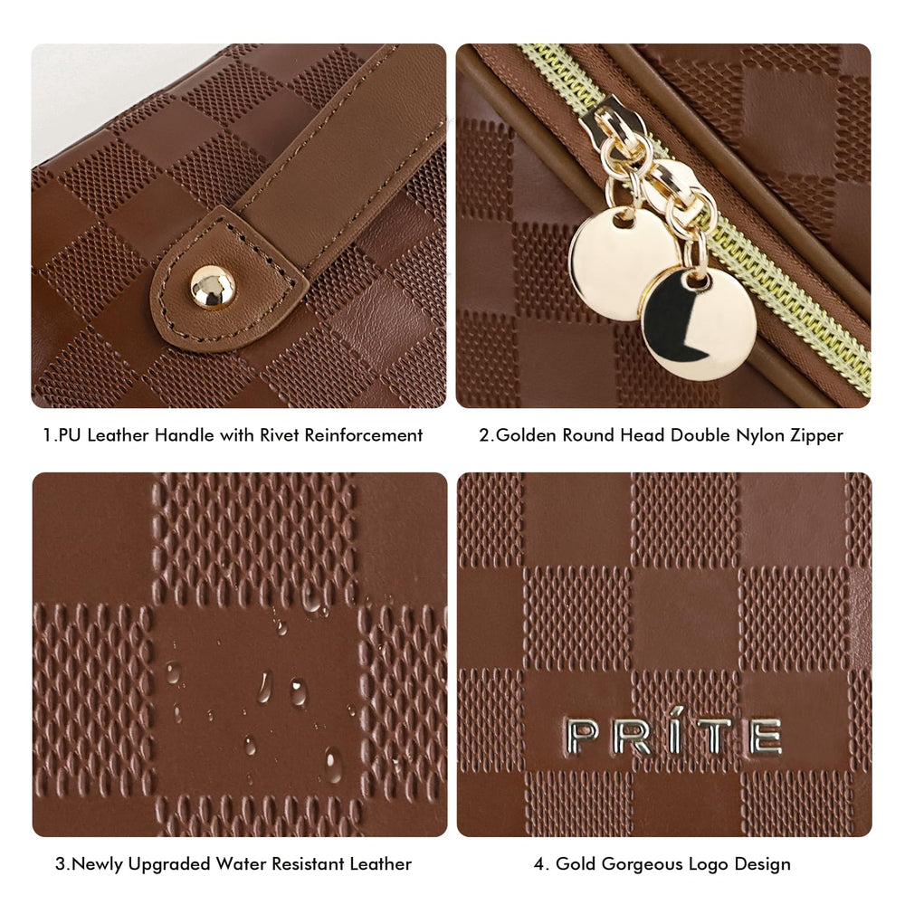 Prite makeup bag plaid brown padded protection guarding fragile cosmetics.