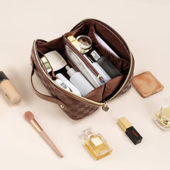 Prite makeup bag plaid brown three-compartments organized travel.