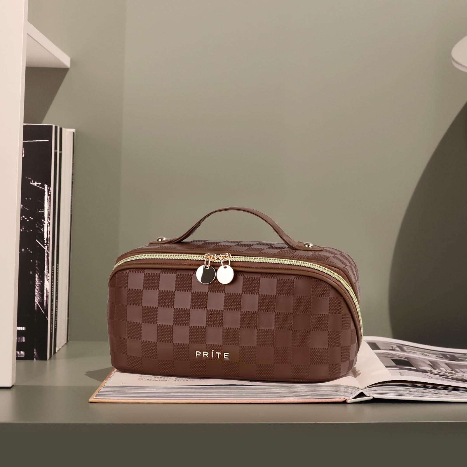 Prite makeup bag plaid brown travel-use-ready for trips.