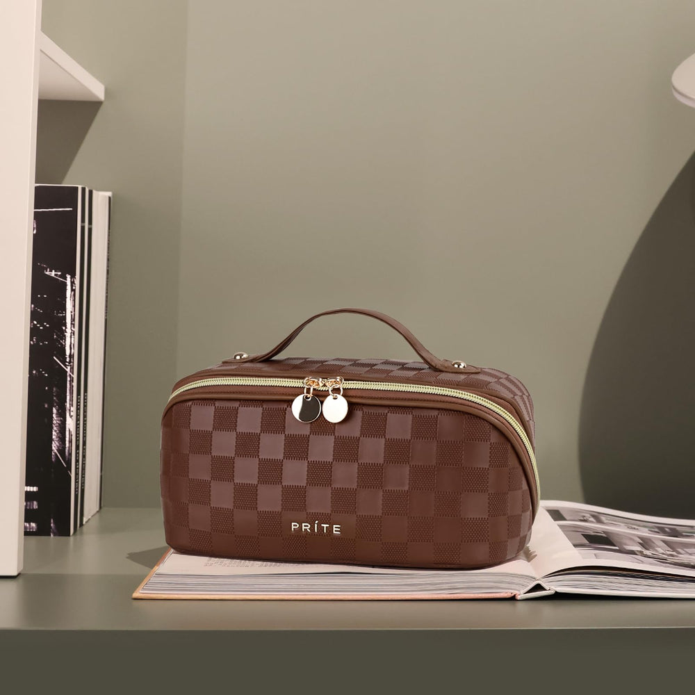 Prite makeup bag plaid brown travel-use-ready for trips.