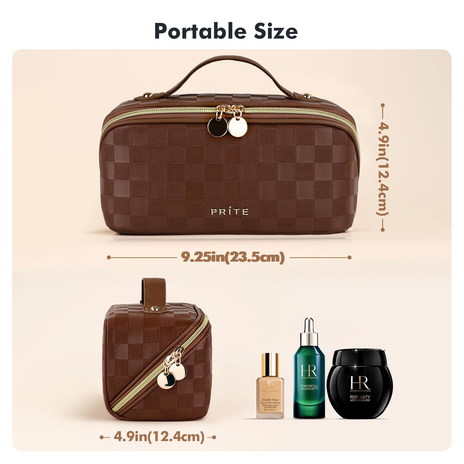 Prite makeup bag plaid brown waterproof vegan leather wipes clean easily.