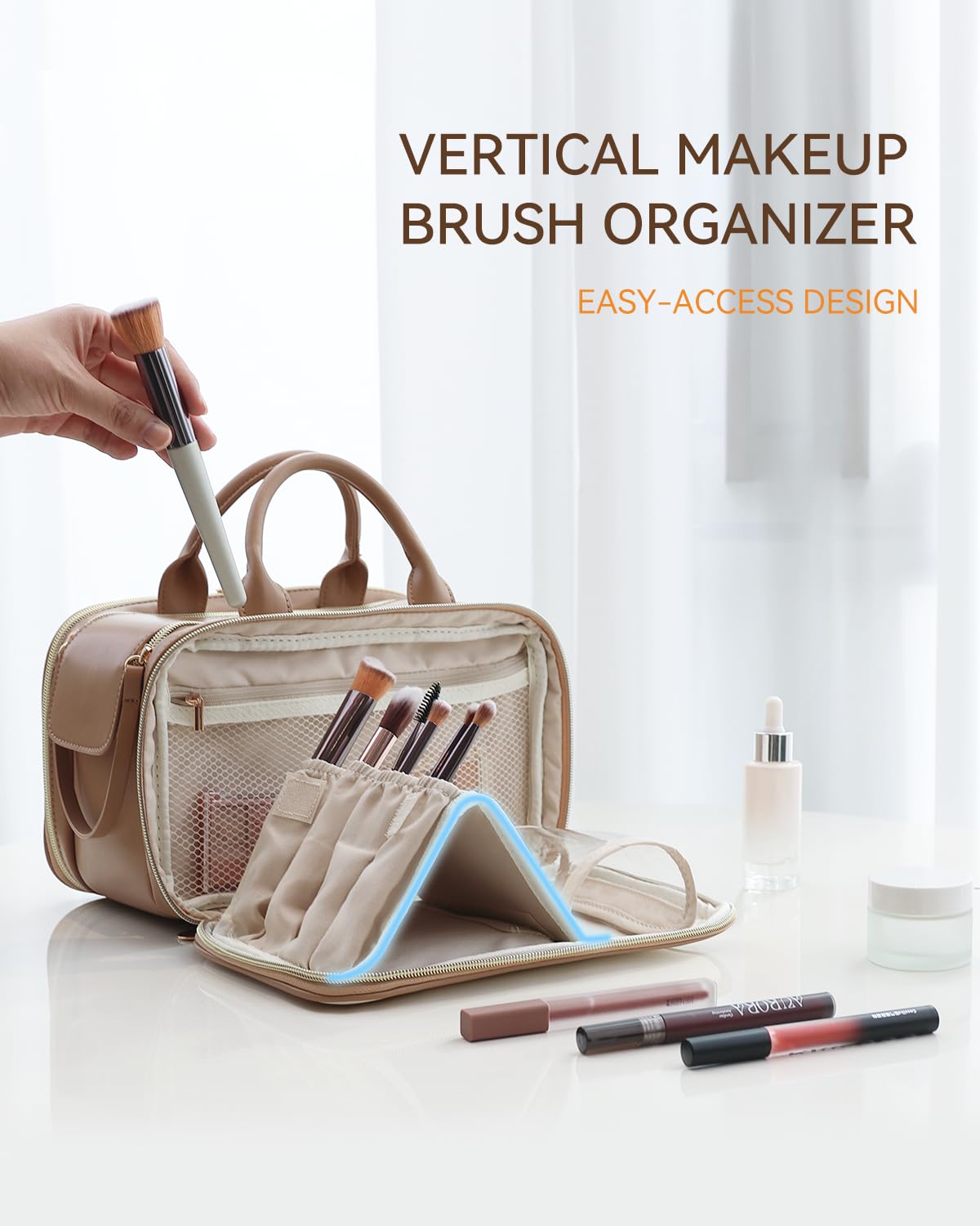 Prite makeup bag top leather handle for comfortable carrying