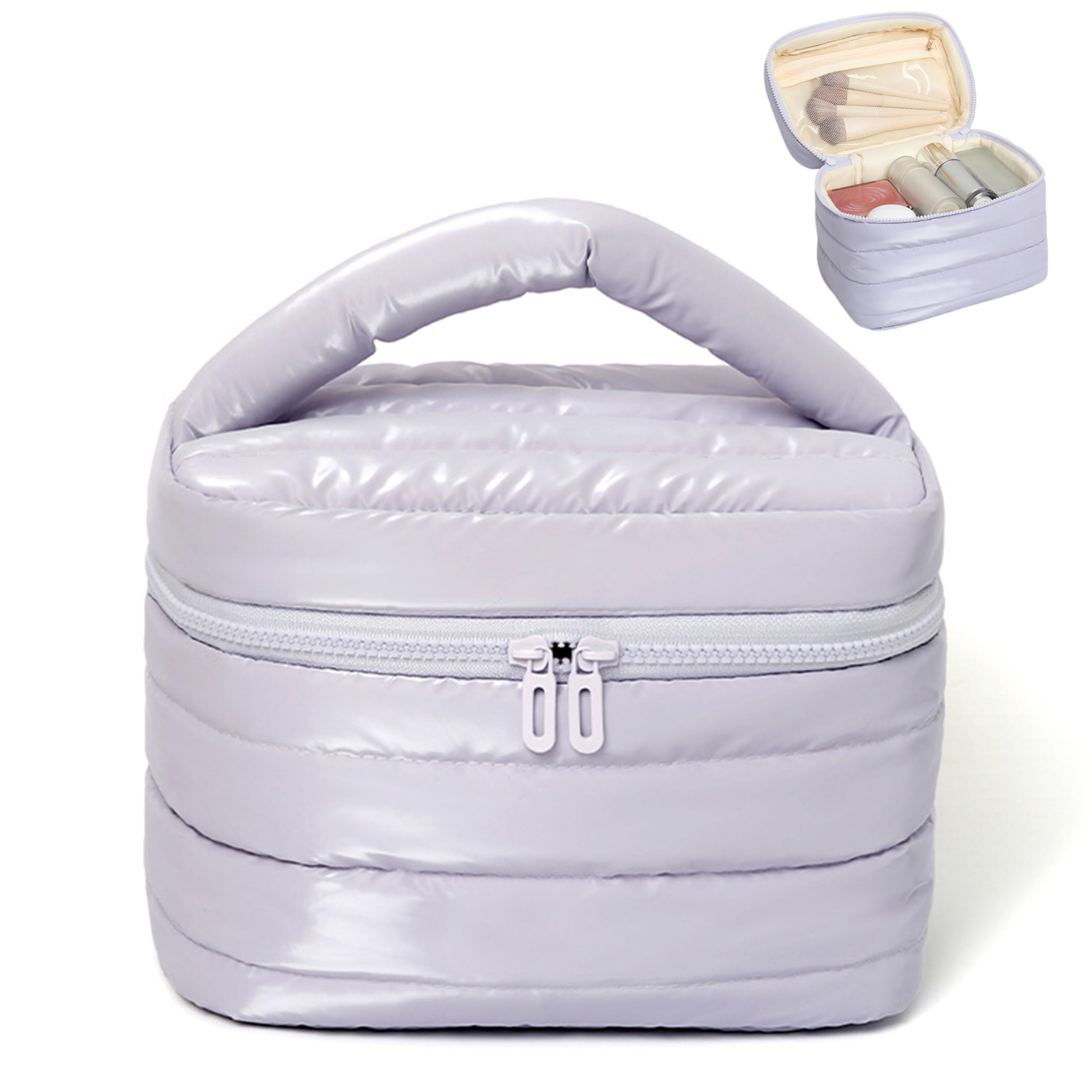 Prite Makeup Bag water-resistant fabric protects cosmetics during travel.