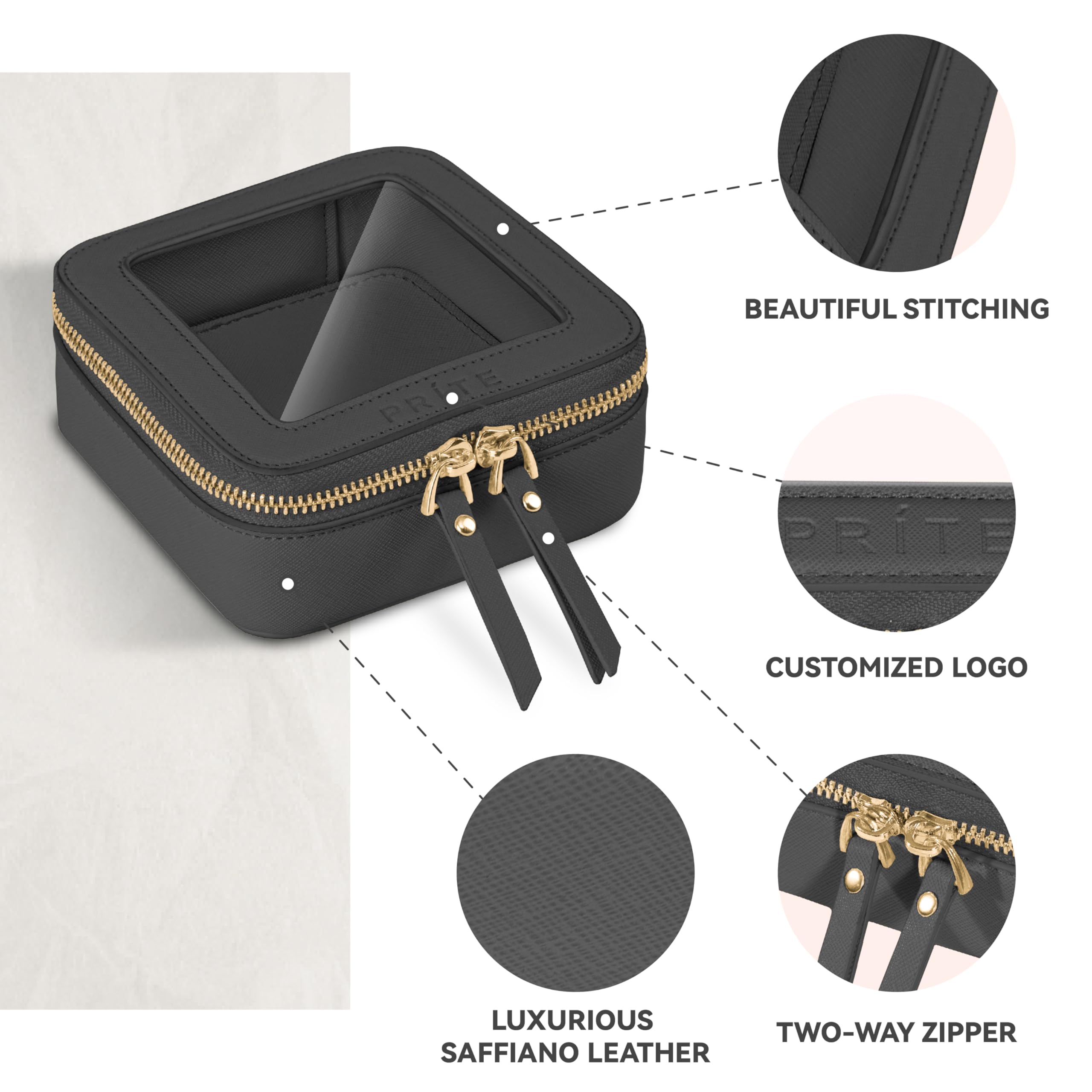 Prite mini clear makeup bag on dresser displaying essentials at a glance