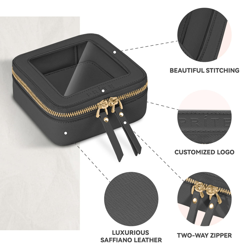 Prite mini clear makeup bag on dresser displaying essentials at a glance
