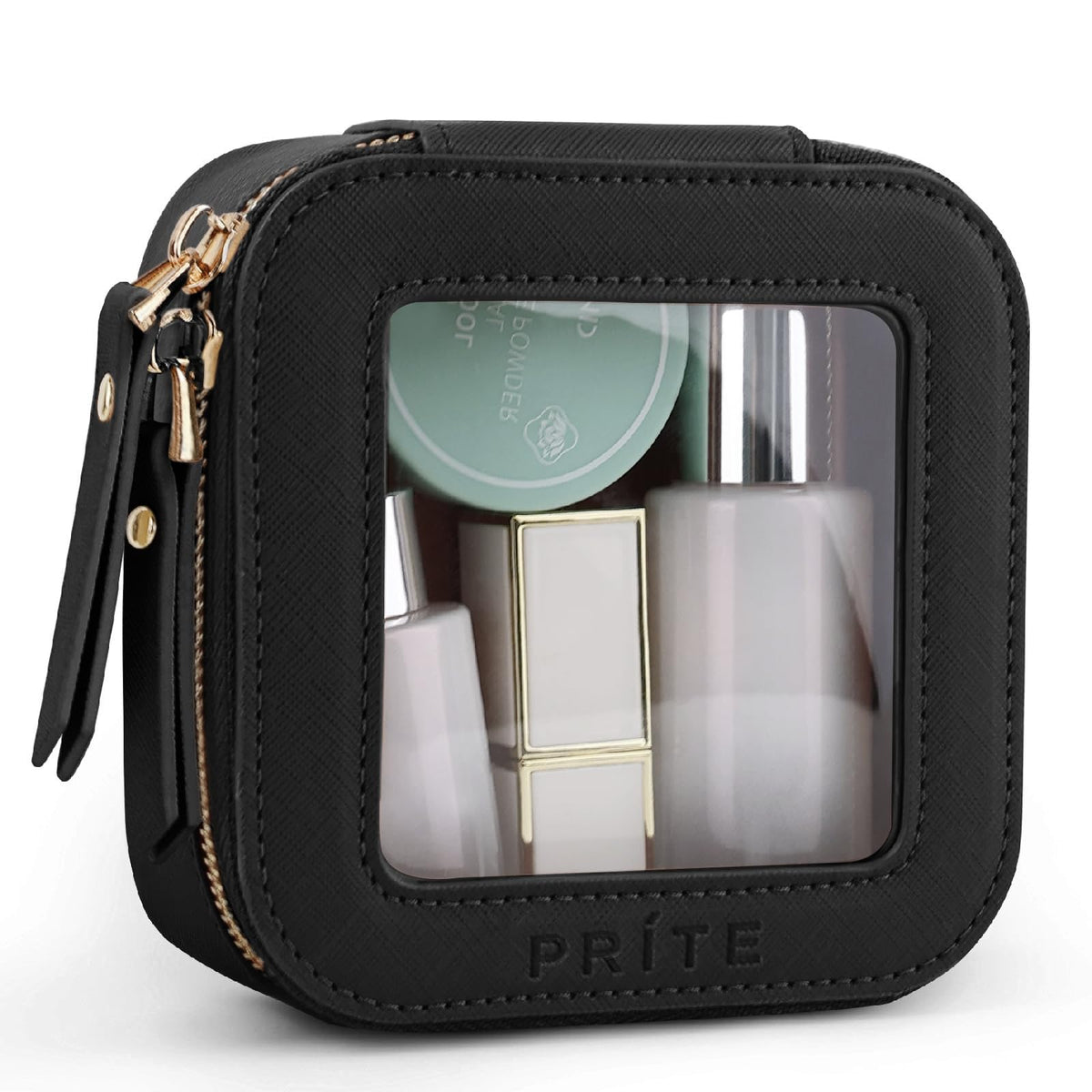 Prite mini clear makeup bag purse showing compact travel storage for cosmetics