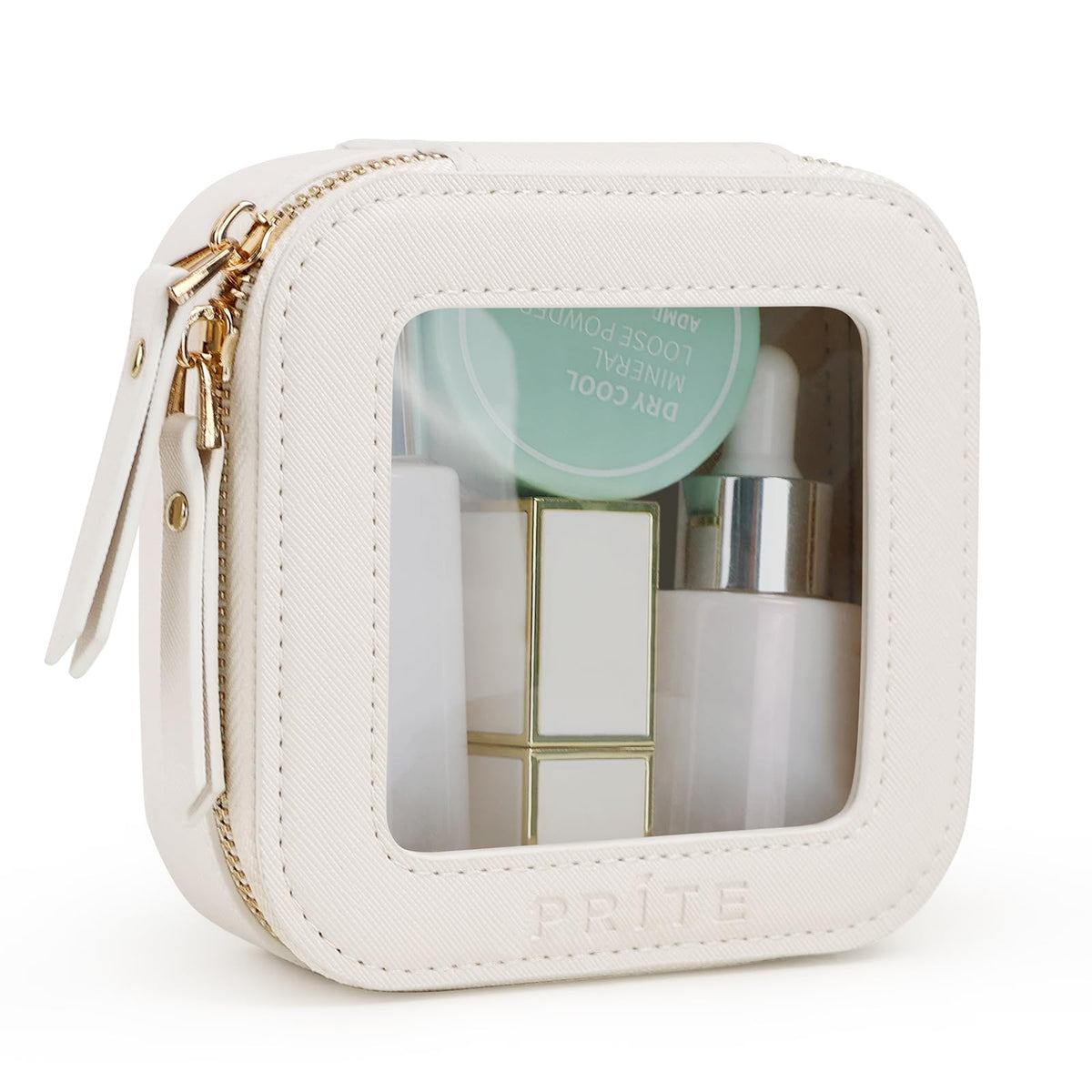 Prite small makeup bag beige with gold zipper for compact travel storage.