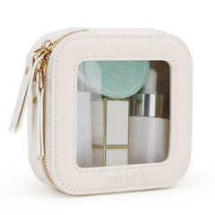 Prite small makeup bag beige with gold zipper for compact travel storage.