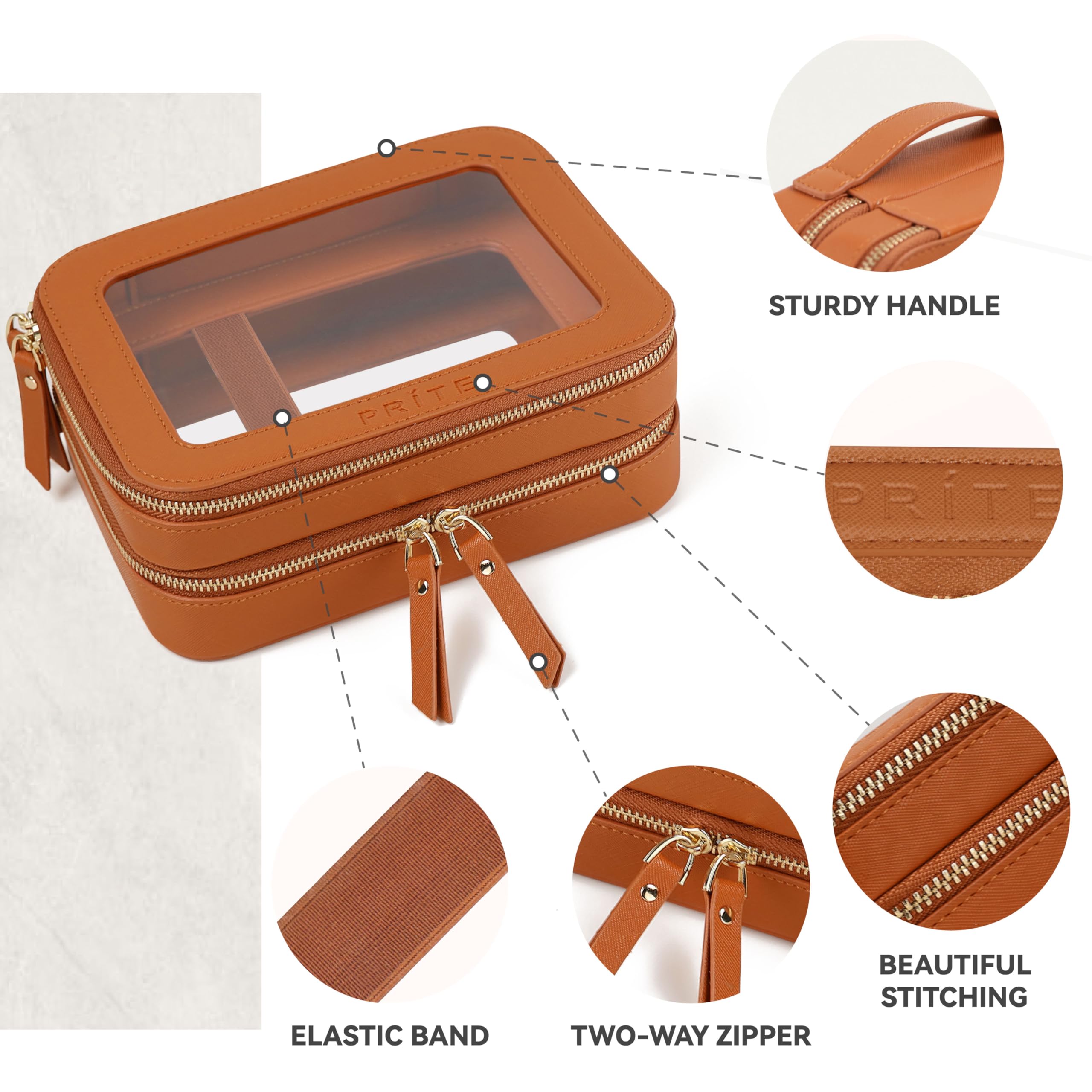 Prite travel case features water-resistant PU leather and polished hardware for durable travel