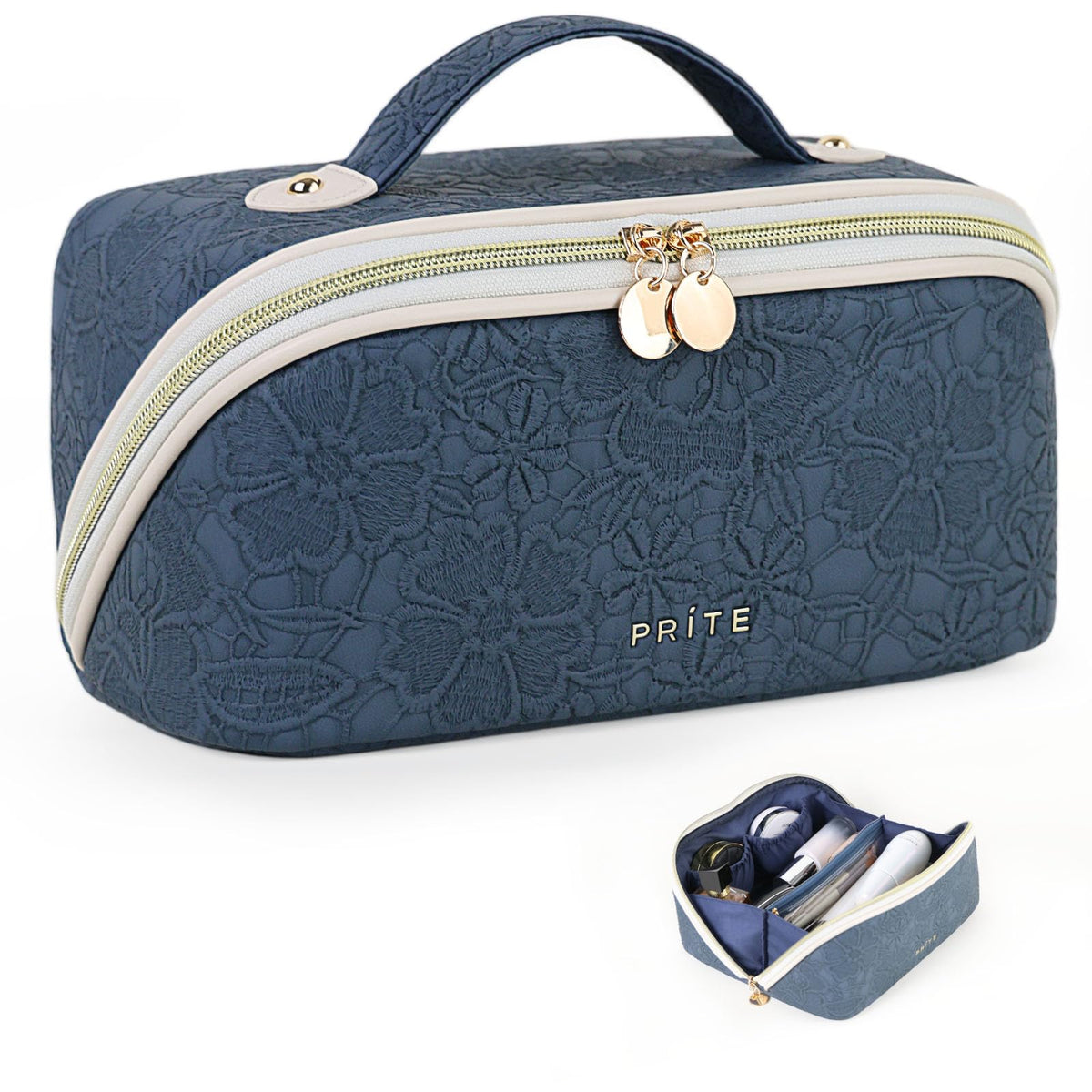 Prite travel cosmetic bag blue-flower exterior for stylish organization on the go.