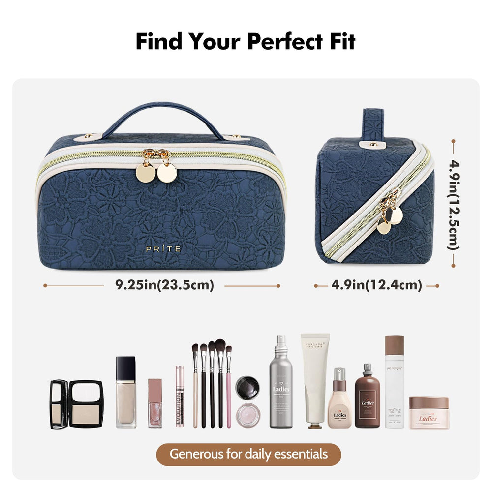 Prite travel cosmetic bag clear divider close-up highlighting brush containment.