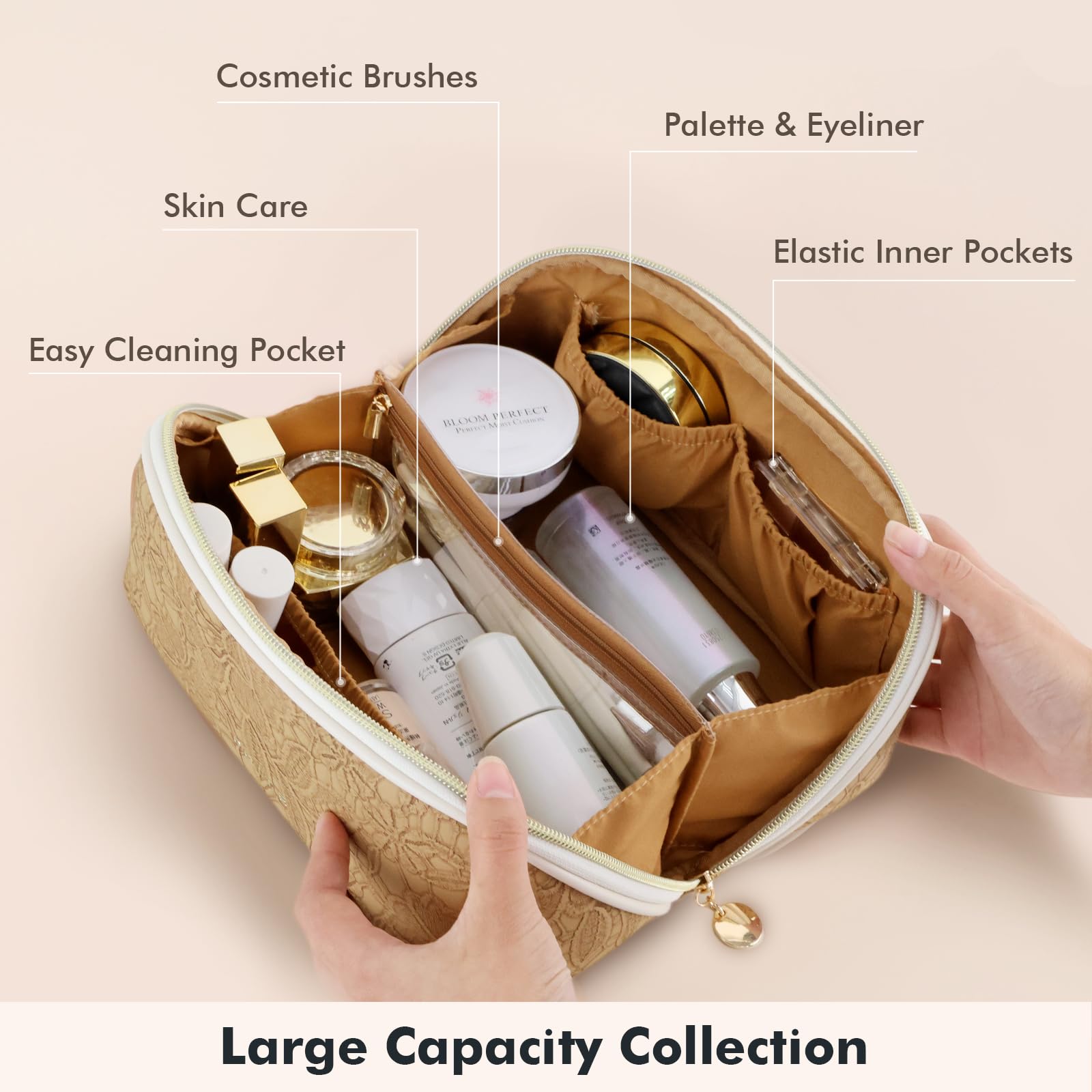 Prite cosmetic bag features a clear divider for quick visibility during packing.