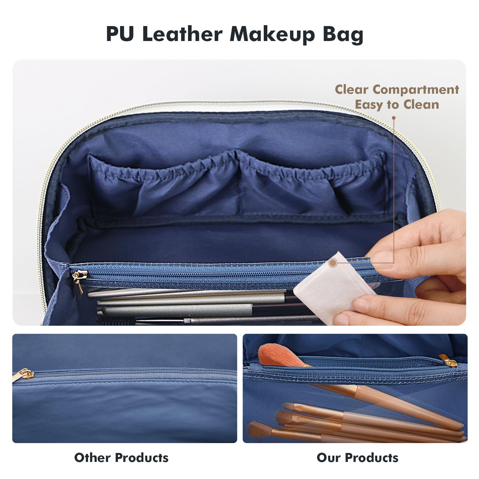 Prite travel cosmetic bag large capacity open view fits palettes and bottles.