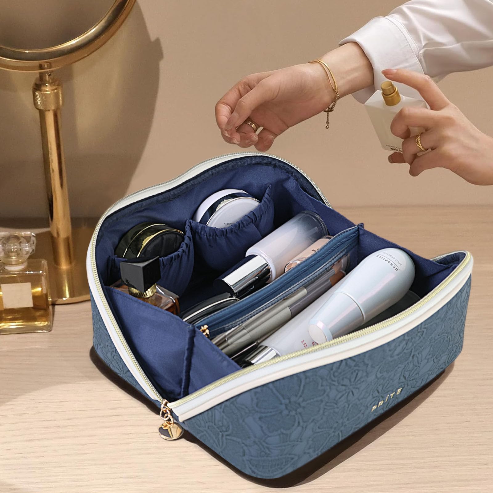 Prite travel cosmetic bag on bathroom counter demonstrates travel-ready organization.