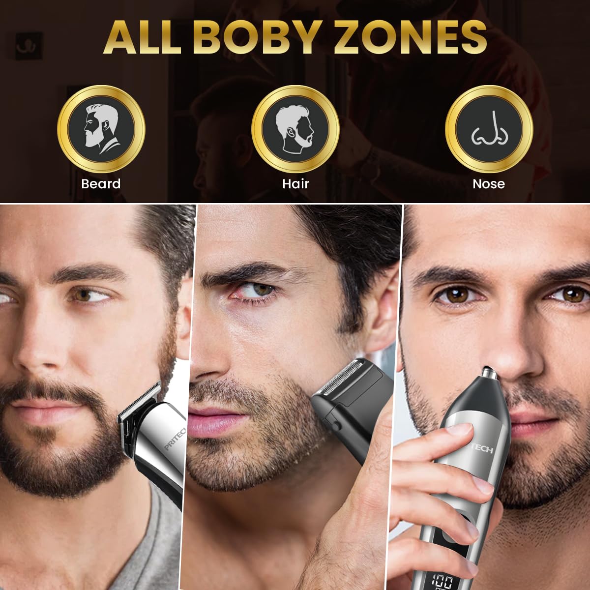 PRITECH beard trimmer kit side profile highlights compact, travel-ready design for quick touch-ups.