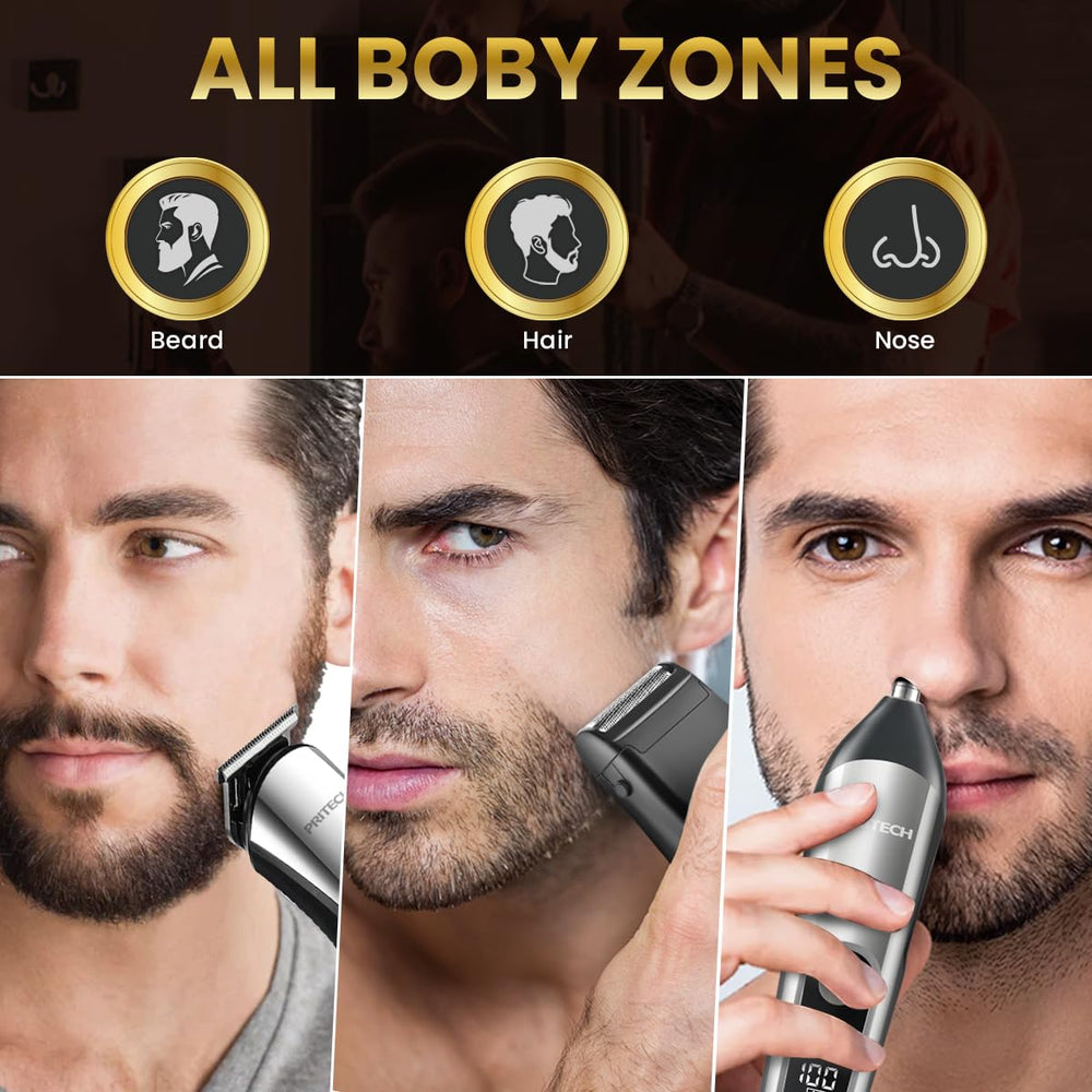 PRITECH beard trimmer kit side profile highlights compact, travel-ready design for quick touch-ups.