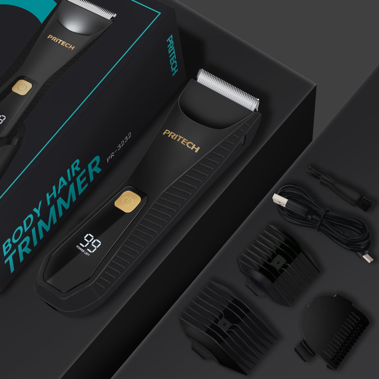 PRITECH multi-area trimming for chest, armpits, back, arms, and legs