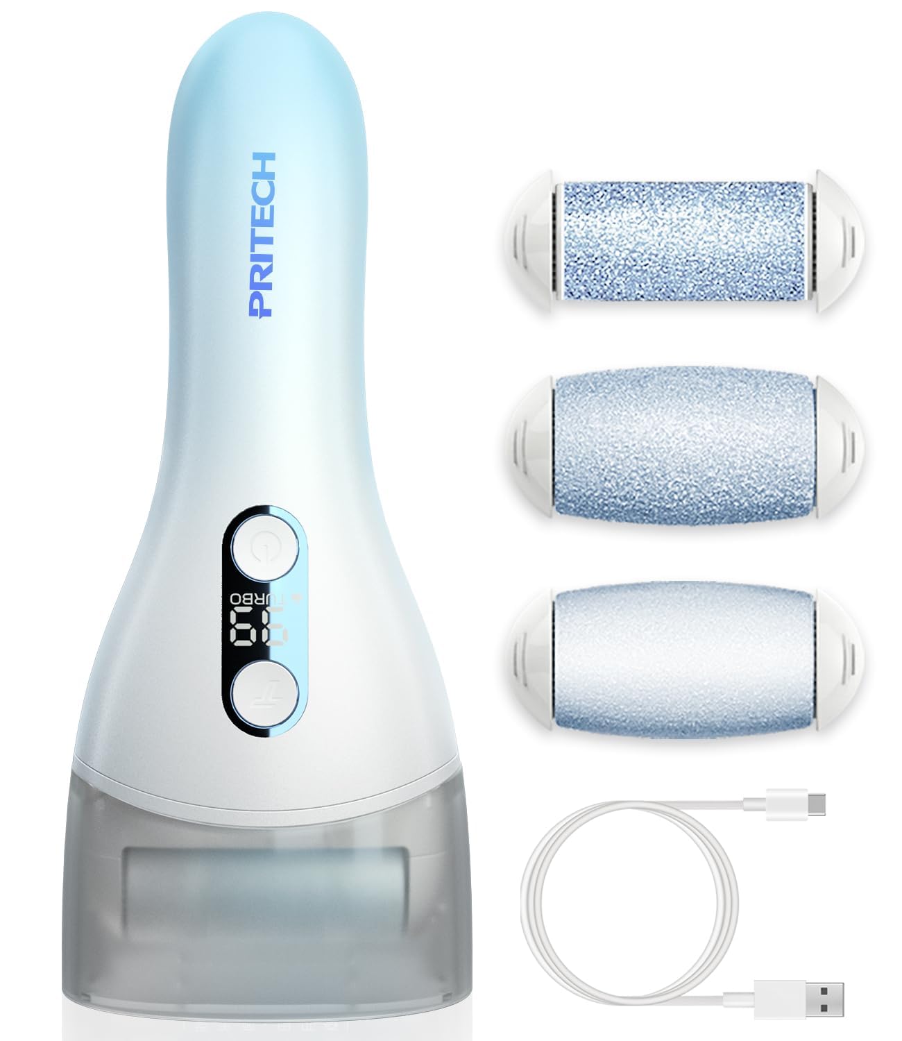PRITECH electric callus remover front view demonstrates turbo mode for faster smoothing.