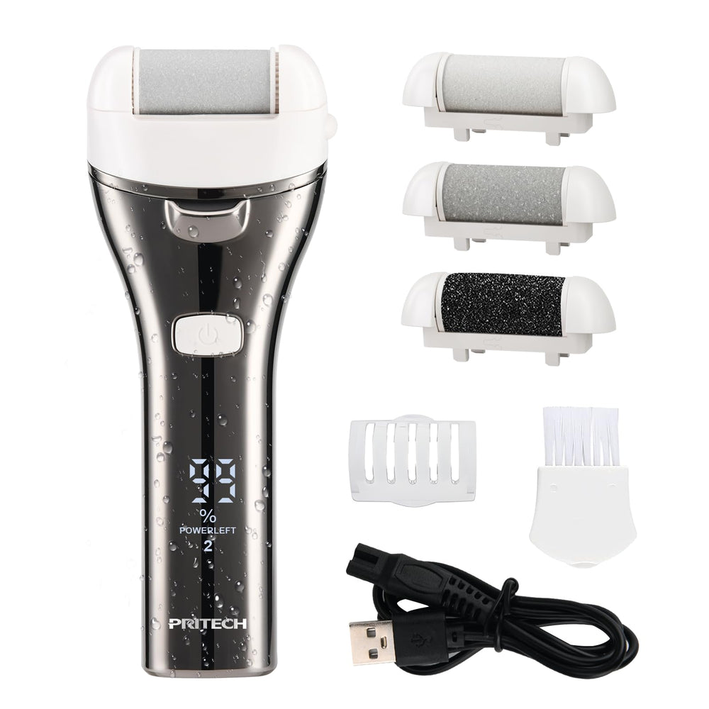 PRITECH electric foot callus remover front view shows compact ergonomic design for at-home pedicures.