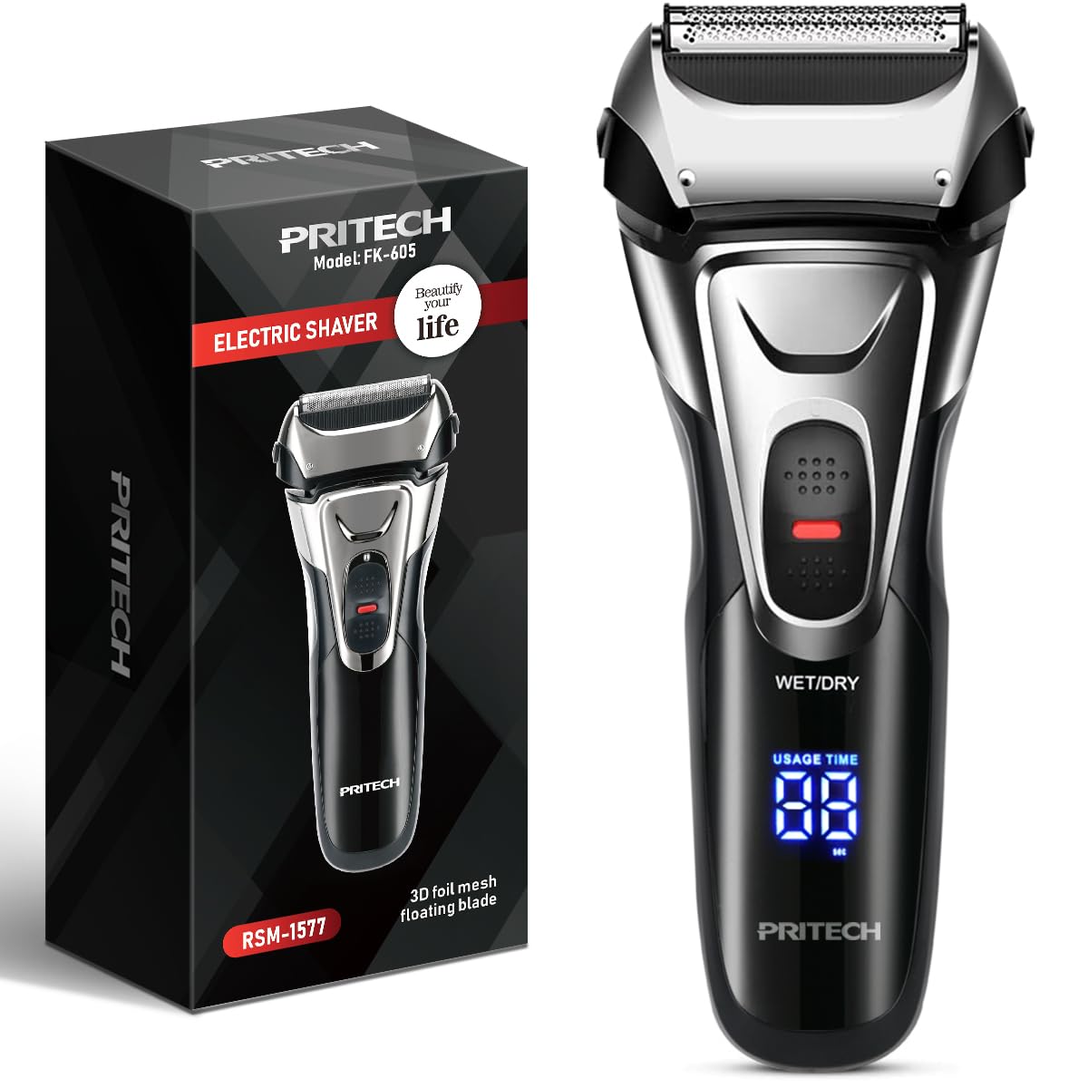 Pritech electric razor with LED display shows battery level for easy on-the-go grooming.