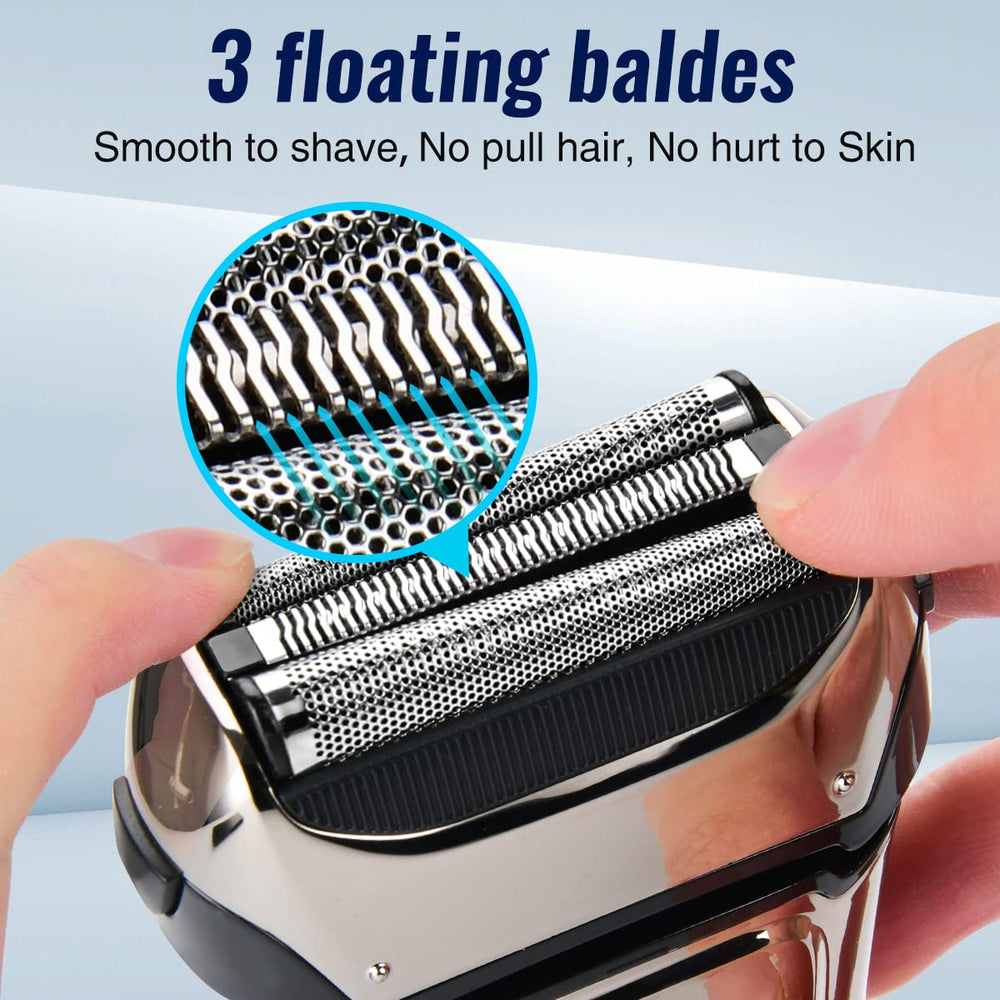 Pritech electric razor close-up highlights the three-blade system for closer shaving.