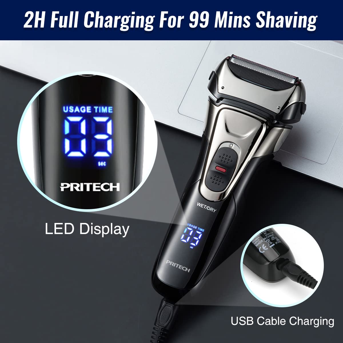 Pritech USB fast charging supports quick power-ups and long cordless sessions.