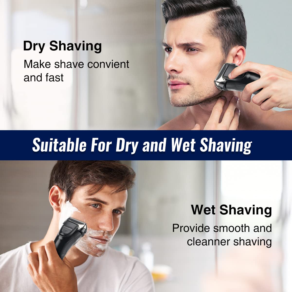 Pritech electric razor's waterproof build enables shower shaving and quick cleaning after use.