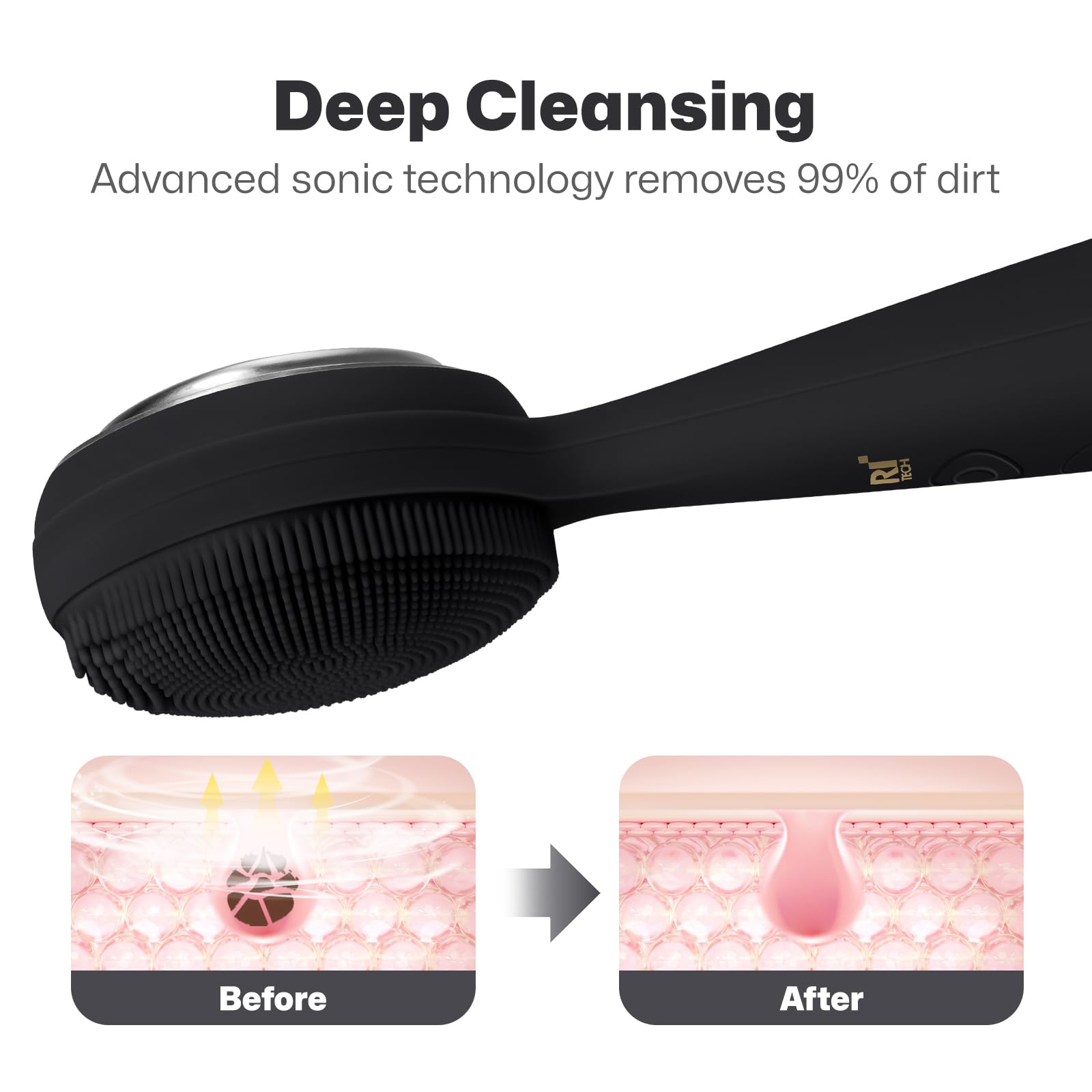 PRITECH facial cleansing brush back view shows heating mode for soothing facial massage
