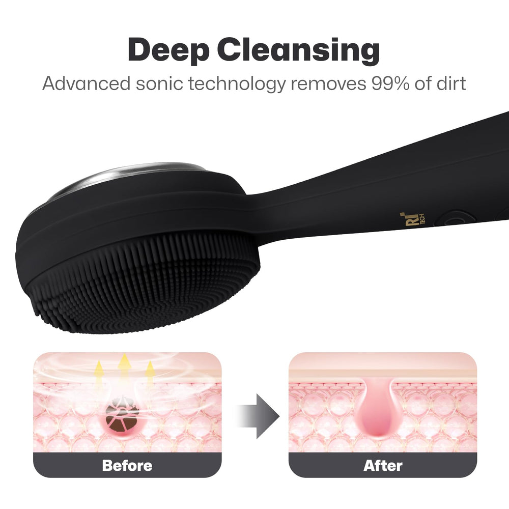 PRITECH facial cleansing brush back view shows heating mode for soothing facial massage