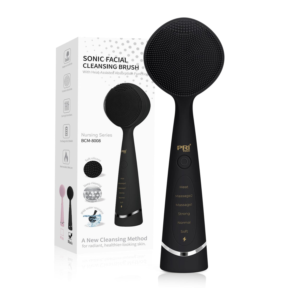 PRITECH facial cleansing brush front view promotes thorough cleansing for clear pores
