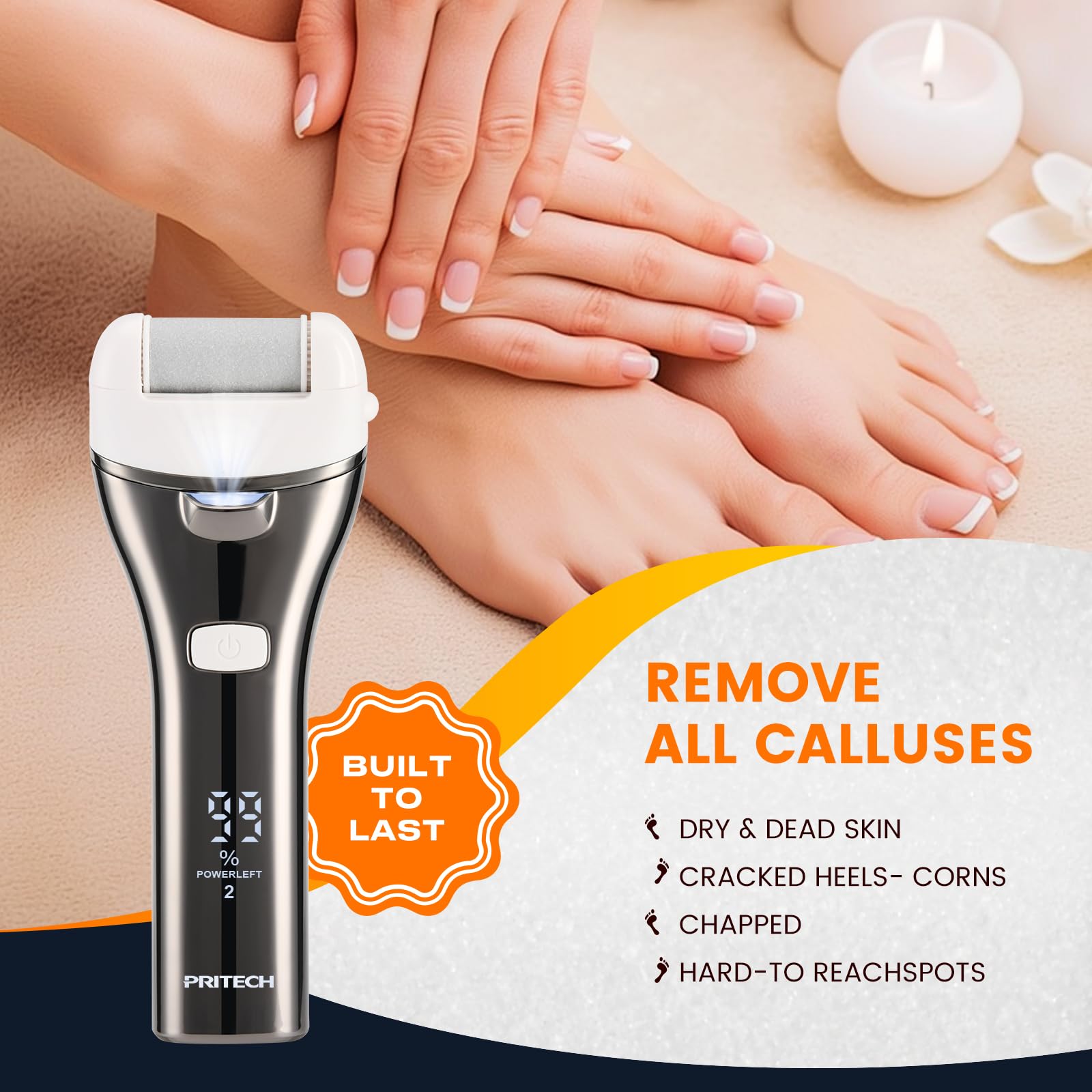 PRITECH foot callus remover with 3 heads demonstrates versatile filing for different skin areas.
