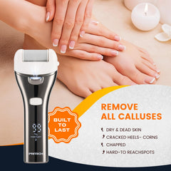 PRITECH foot callus remover with 3 heads demonstrates versatile filing for different skin areas.