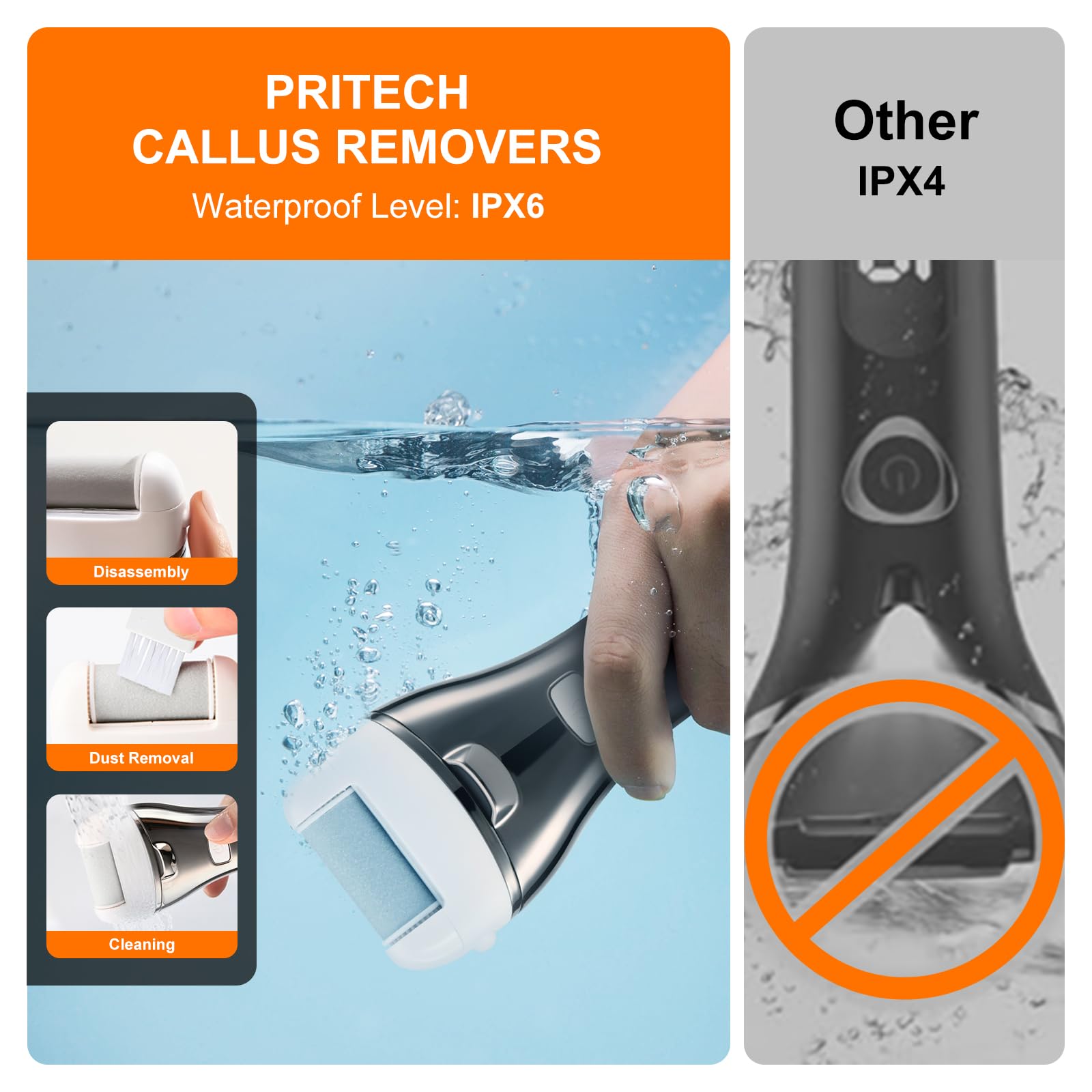 PRITECH battery display-enabled foot file shows power status for uninterrupted sessions.