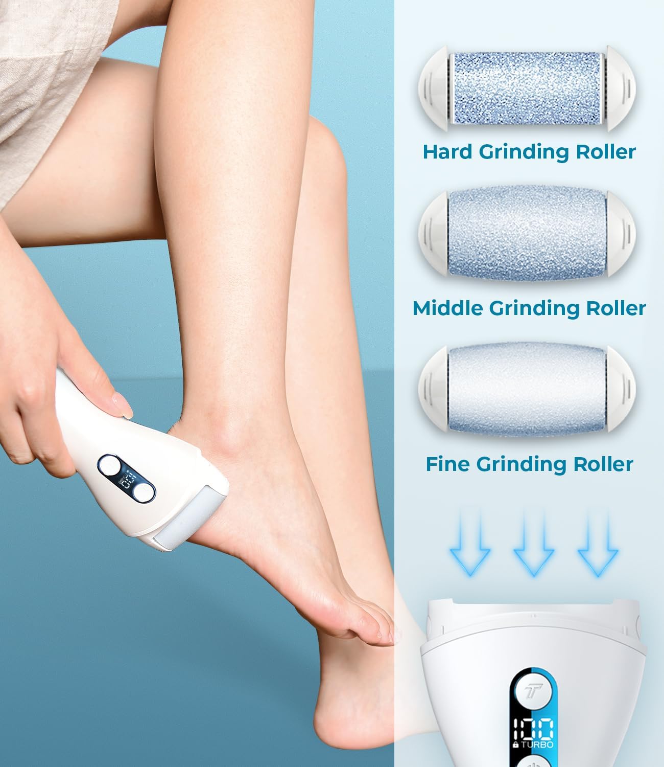 PRITECH foot file waterproof display shows battery life at a glance.