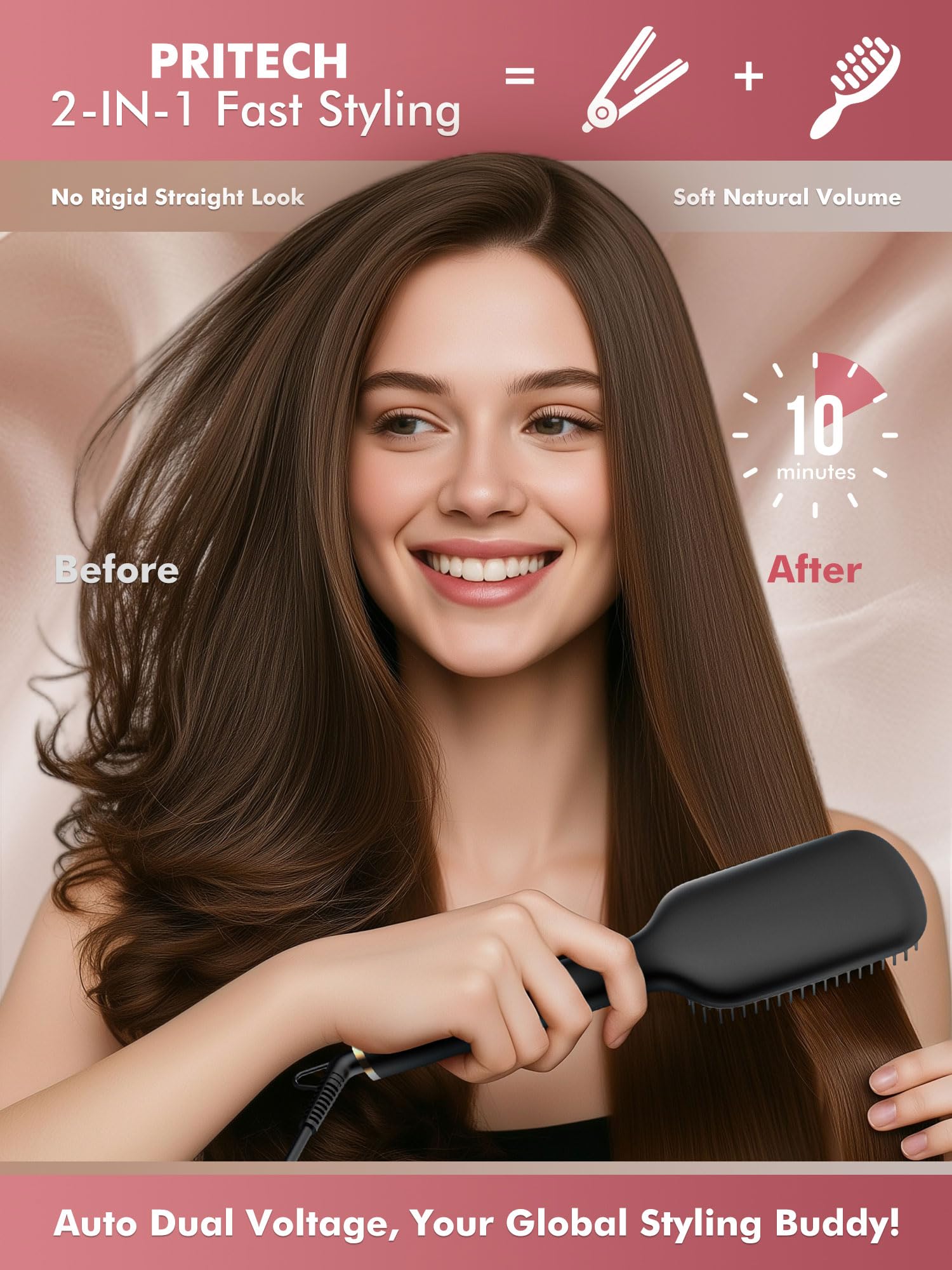 PRITECH hair straightener brush offers 5 temps for customized heat on various textures.