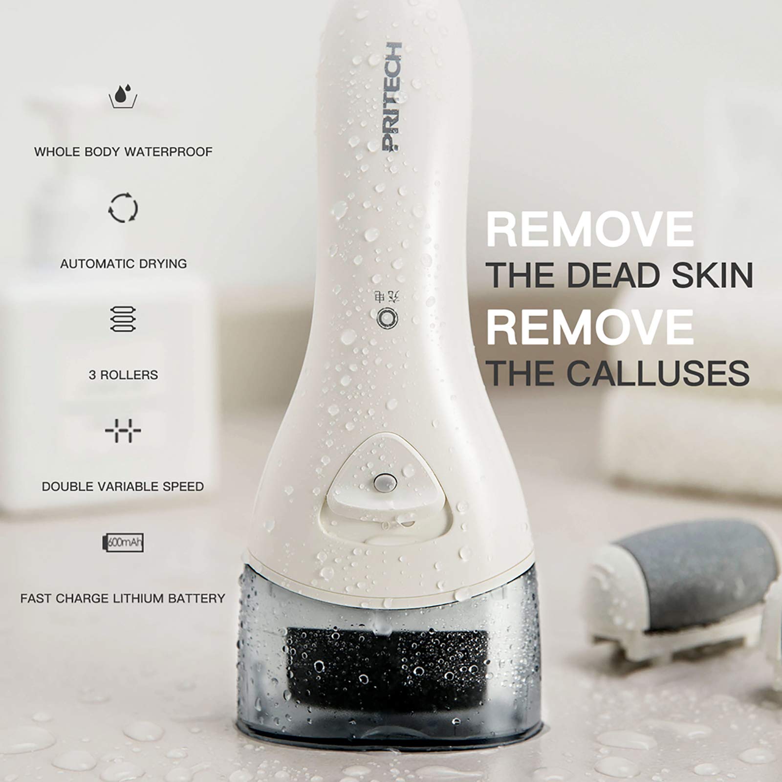 PRITECH foot callus remover with IPX6 waterproof design for easy cleaning.