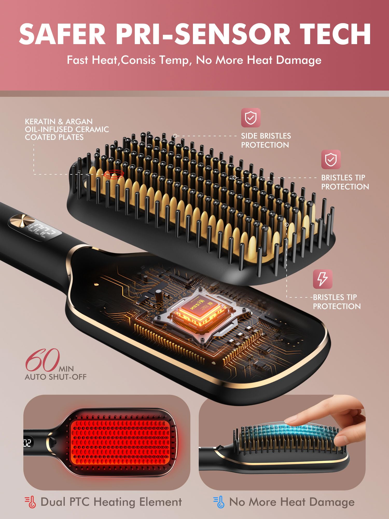PRITECH keratin-argan ceramic coating glides smoothly while protecting the hair surface.