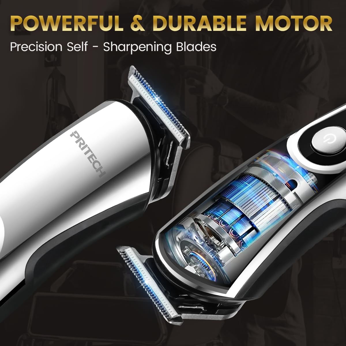 PRITECH LED display on trimmer shows battery status for hassle-free charging.