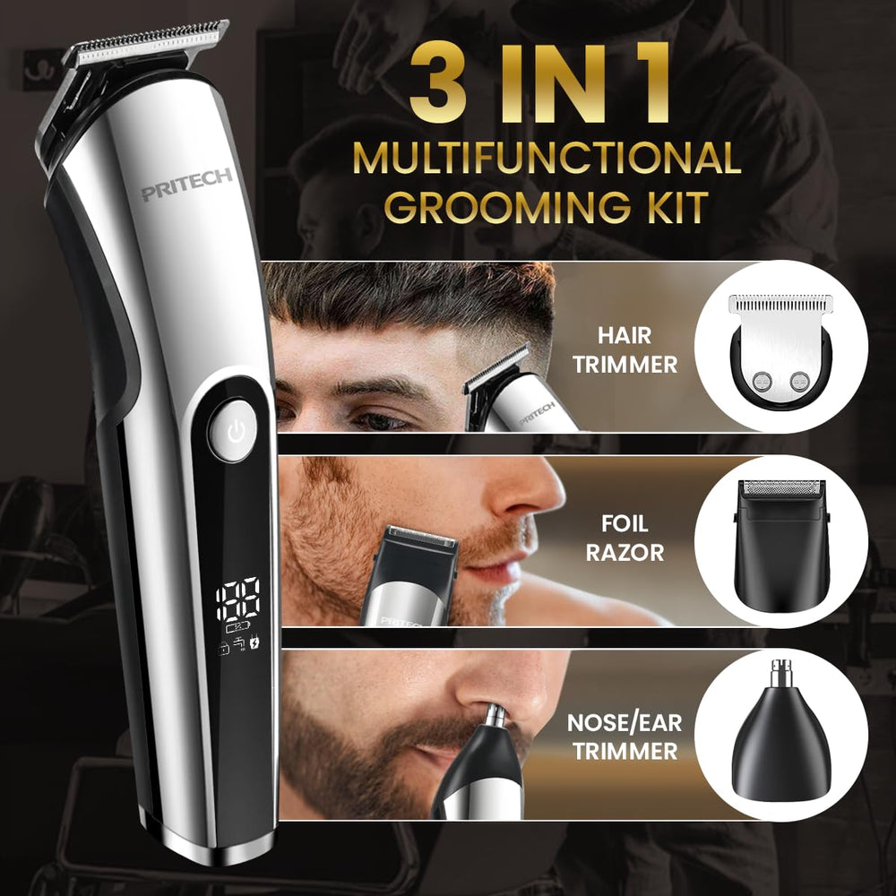 PRITECH nose ear trimmer head detail emphasizes precise trimming for nose and ears.