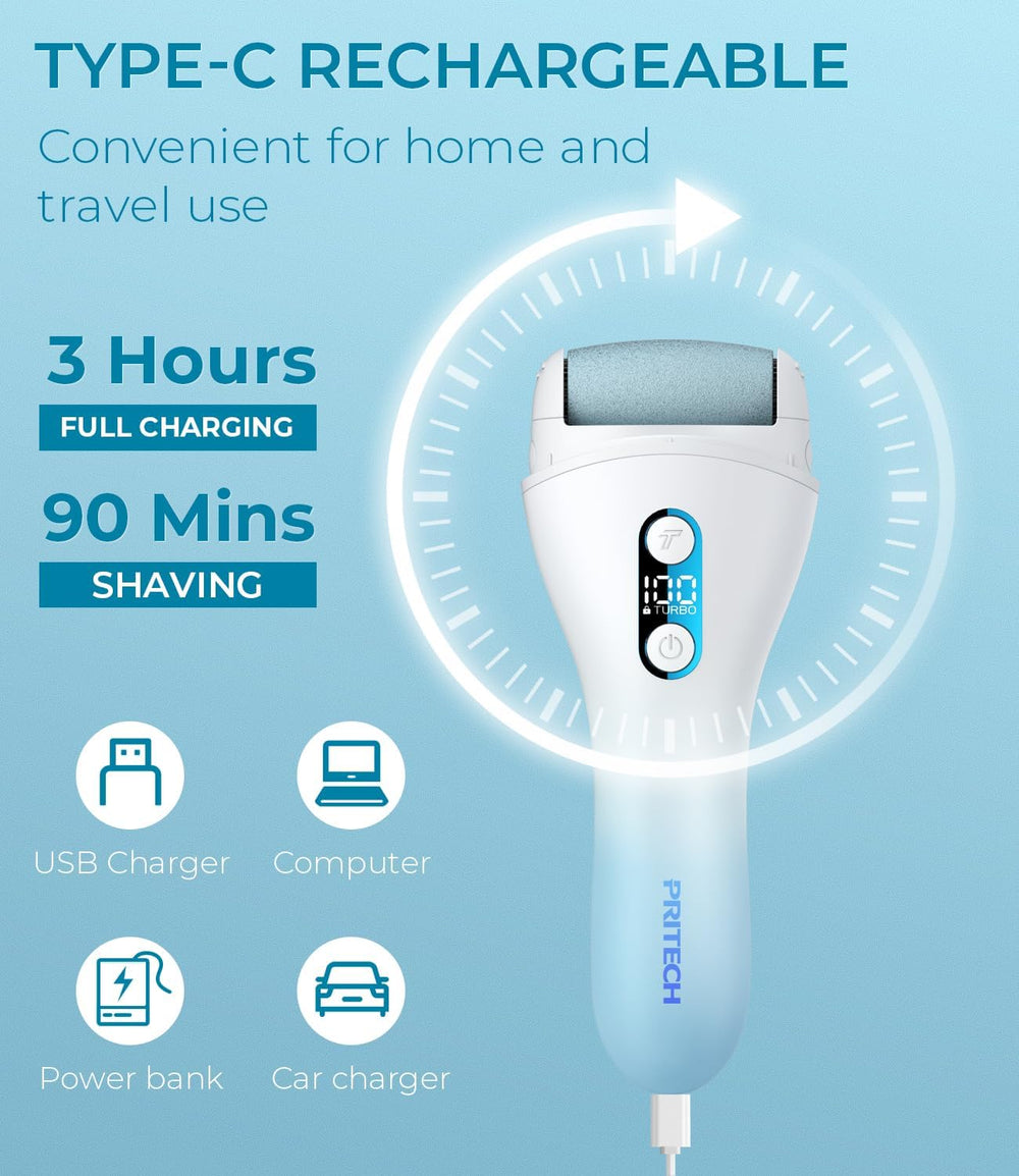 PRITECH rechargeable pedicure tool shown charging setup for home use.