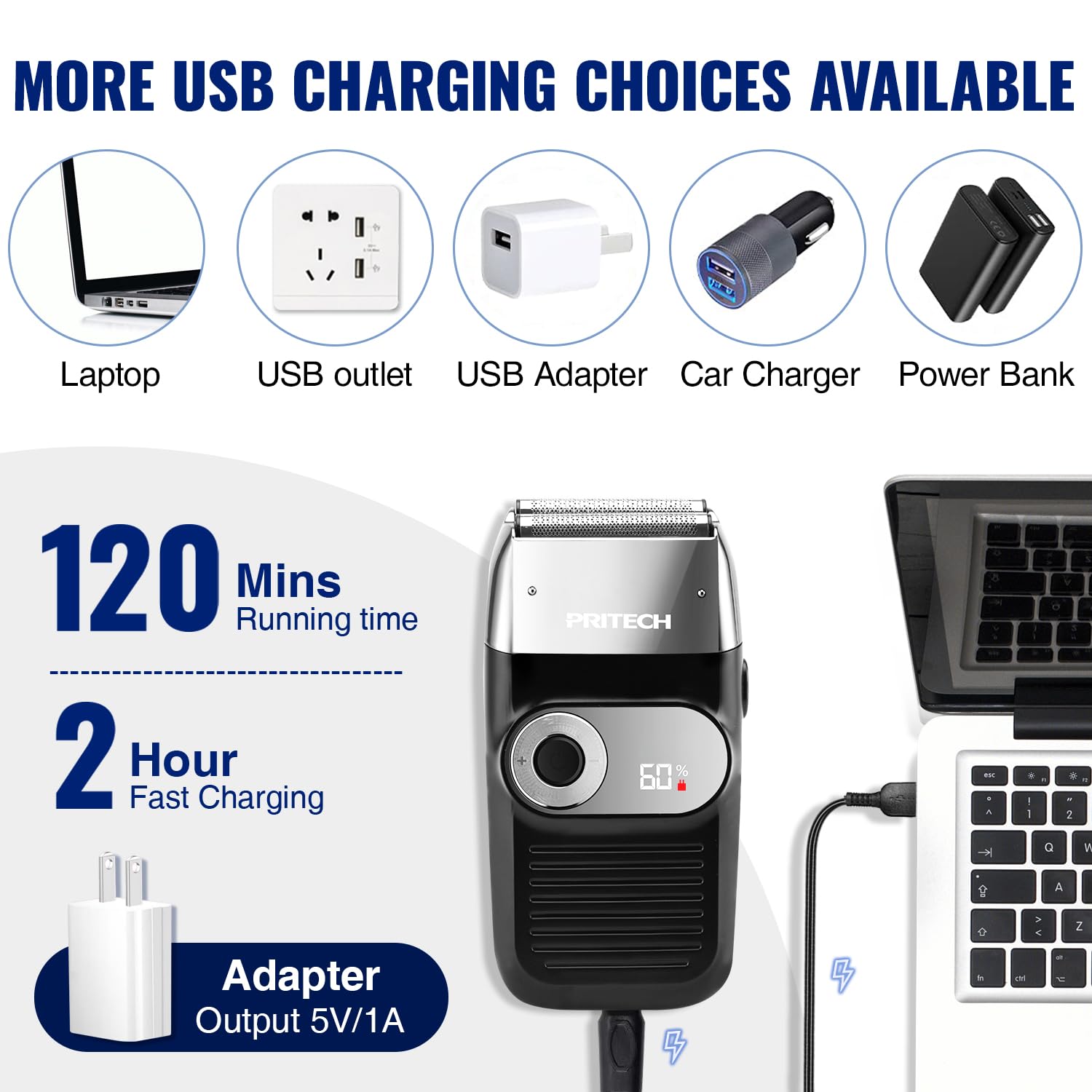 PRITECH travel-lock with USB charging emphasizes travel-friendly grooming.