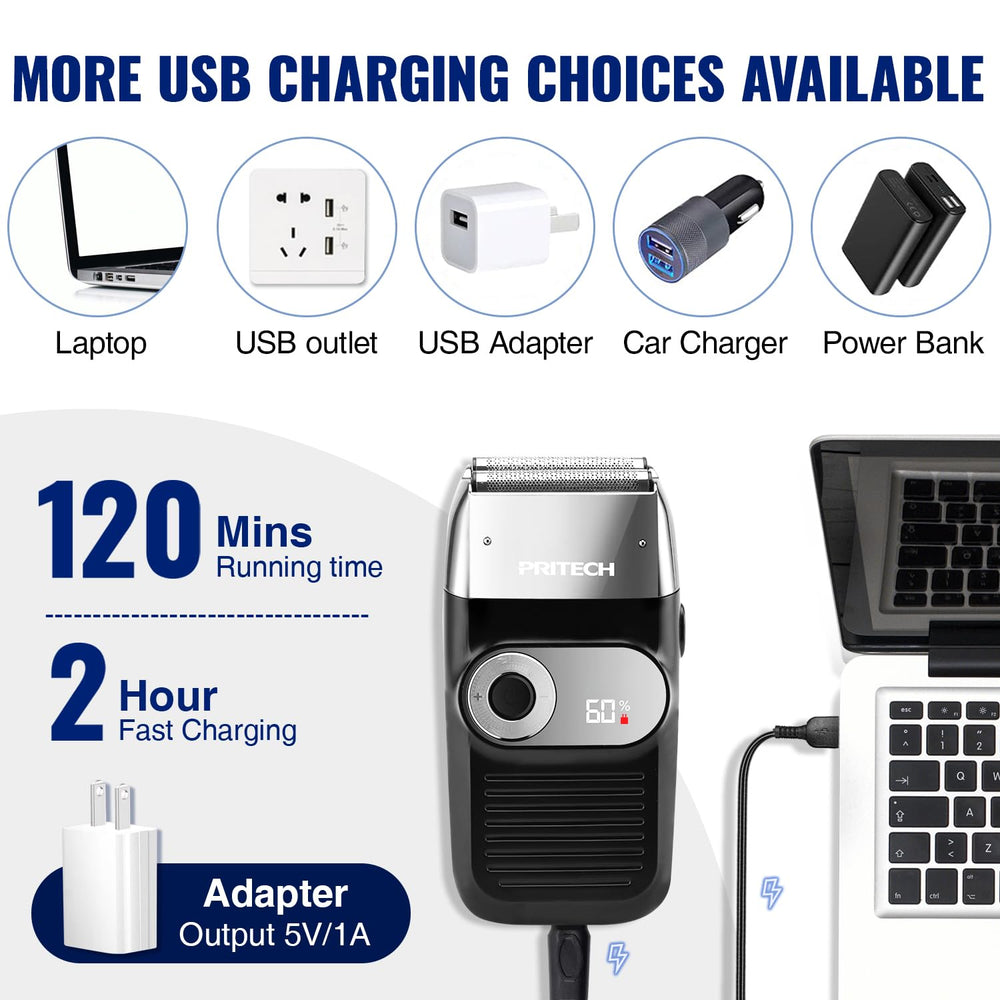 PRITECH travel-lock with USB charging emphasizes travel-friendly grooming.